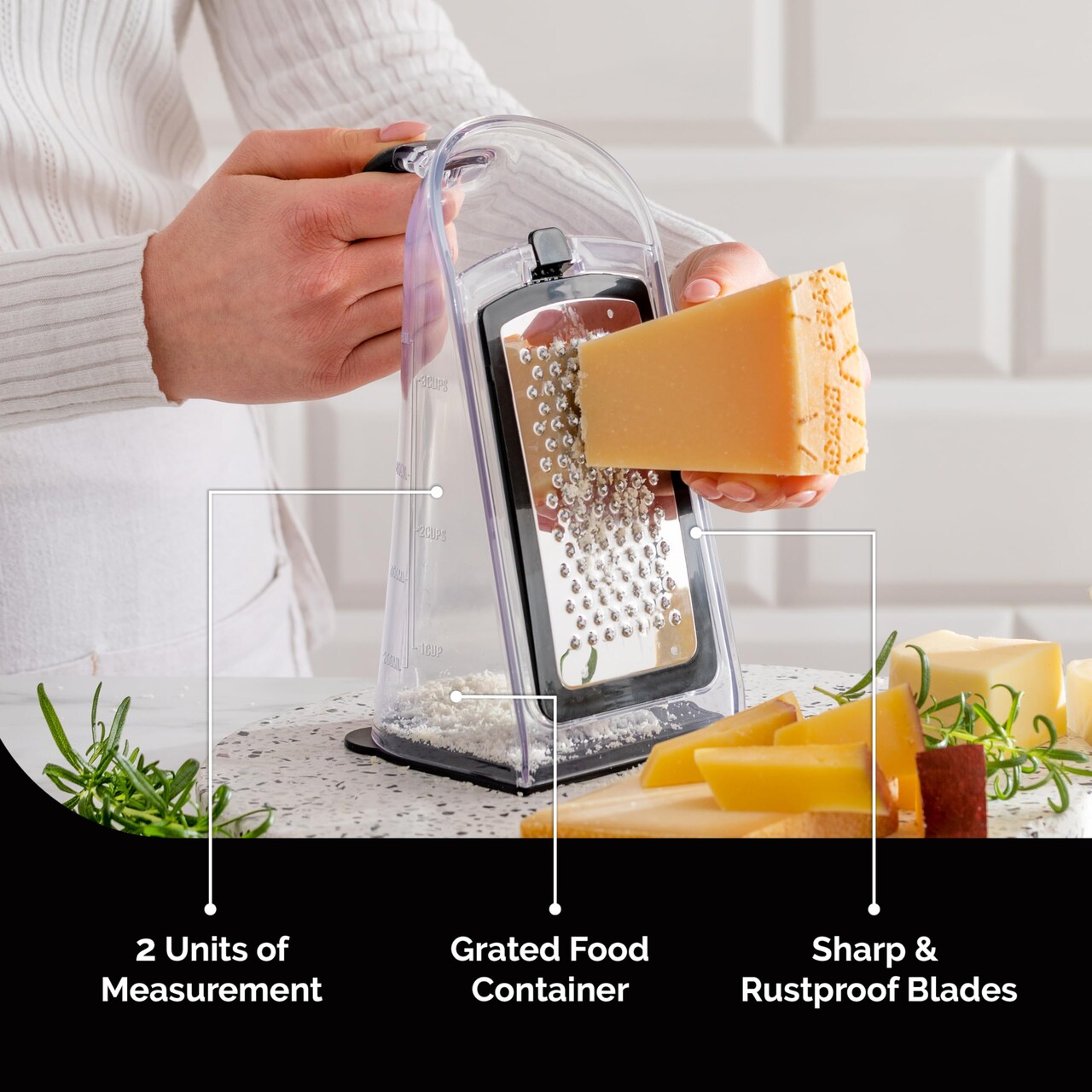 Box Grater Cheese Shredder - Cheese Grater with Handle - Graters for Kitchen Stainless Steel Food Grater - Garlic Mincer Tool and Vegetable Peeler